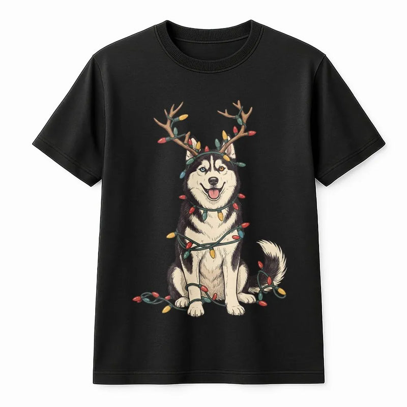 Reindeer Antler Husky Tee, Husky Christmas Shirt, Christmas Lights Dog T-Shirt, Husky Lover Christmas Shirt, Holiday Dog Mom Present
