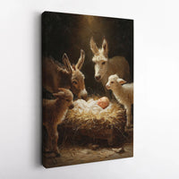 Baby Jesus Nativity Wall Art, Nativity Scene Canvas Print, Christian Donkey Lamb Canvas, Religious Christmas Wall Decor, Holiday Faith Present