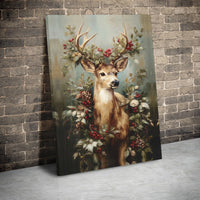 Vintage Christmas Deer Canvas Print, Deer with Holly Berries Canvas Wall Art, Woodland Deer Wall Art, Digital Download Rustic Deer Poster