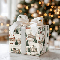 Horse Sleigh Holiday Gift Wrap, Snowy Village Christmas Wrapping Paper, Watercolor Winter Wonderland Gift Wrapping Paper, Comfy Present Wrap