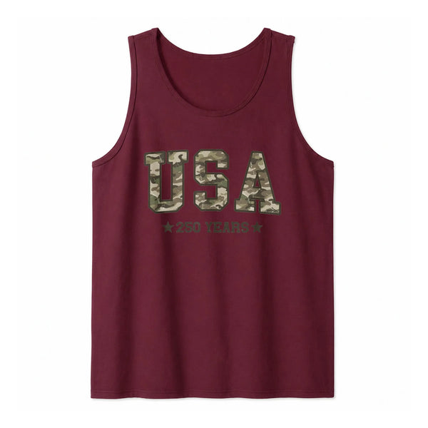 USA Camo Tank Top | 250 Years Patriotic Americana Design | Soft Breathable Unisex Fit | Gift for Veterans and Hunting Enthusiasts
