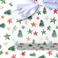 Holiday Star Gift Wrap, Watercolor Christmas Trees Wrapping Paper, Colorful Xmas Trees Gift Wrap Roll, Festive Winter Holiday Wrapping Paper