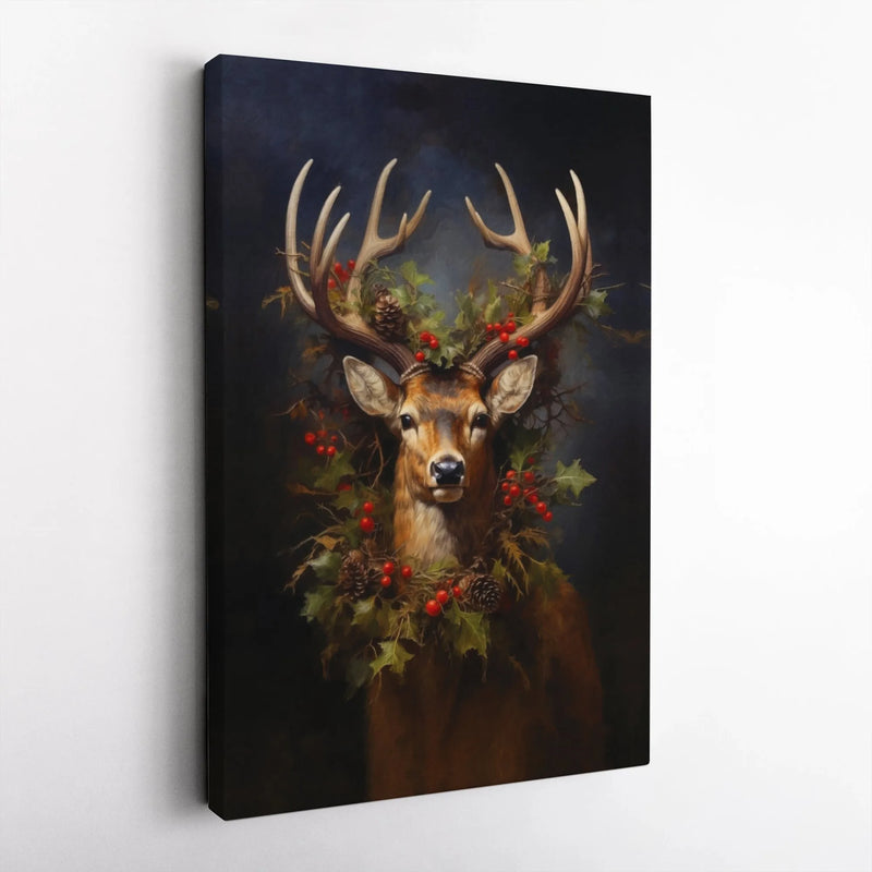 Festive Deer Holly Wreath Canvas Print, Christmas Stag Canvas Wall Art, Rustic Holiday Canvas Art, Winter Deer Wall Decor Present for Home