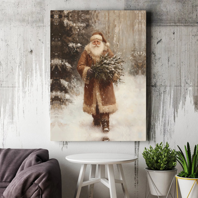 Snowy Forest Santa Canvas Print, Vintage Santa Claus Canvas Wall Art, Christmas Tree Santa Canvas Decor, Winter Holiday Wall Art, Xmas Present