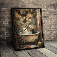 Whimsical Holiday Bathtub Art, Ghost and Black Cat Christmas Canvas, Spooky Adorable Xmas Canvas Print, Festive Bathroom Wall Decor Present