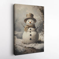 Winter Snow Scene Oil Painting Print, Vintage Snowman Canvas Wall Art, Rustic Farmhouse Christmas Poster, Digital Download Holiday Art