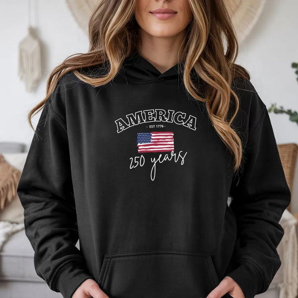 America 250 Years Hoodie | Est 1776 American Flag 250th Anniversary Design | Soft Cotton-Polyester Blend | Patriotic Gift for History Lovers