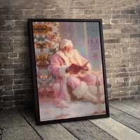 Santa by Christmas Tree Canvas Print, Pink Suit Santa Canvas Art, Holiday Oil Painting Wall Art Canvas, Pastel Xmas Home Decor Present