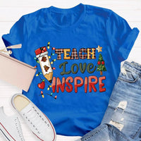 Festive Tree Lights Teacher Tee, Teach Love Inspire Christmas T-Shirt, Holiday Educator Shirt, Merry Christmas School Teacher Present