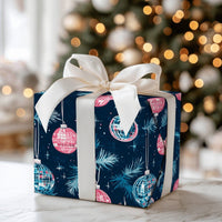 Retro Holiday Gift Wrap Roll, Pink Disco Ball Christmas Wrapping Paper, Navy Blue Pine Ornament Present Paper, Groovy Festive Gift Wrapping