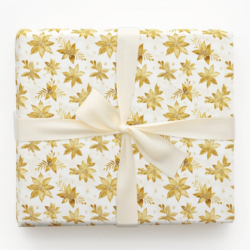 Watercolor Christmas Gift Wrap, Gold Poinsettia Wrapping Paper, Elegant Holiday Wrapping Paper, Floral Xmas Present Wrapping Paper
