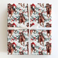 Watercolor Evergreen Christmas Gift Wrap, Equestrian Santa on Brown Horse Wrapping Paper, Rustic Holiday Paper, Festive Wrapping Paper Roll