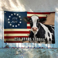 Dairy Cow American Flag 250 Years Strong | Patriotic Farm Decor House Flag | Double-Sided Weather-Resistant | Gift for Farmers