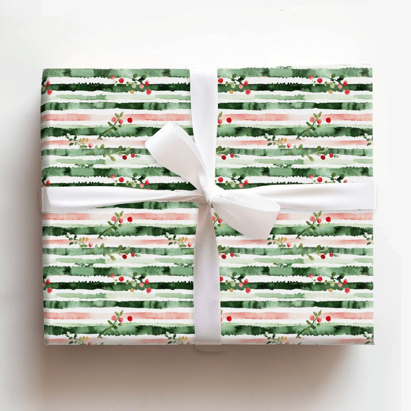 Watercolor Holiday Gift Wrap, Pink Green Striped Berry Wrapping Paper, Artistic Christmas Wrapping Paper, Festive Winter Present Gift Wrap