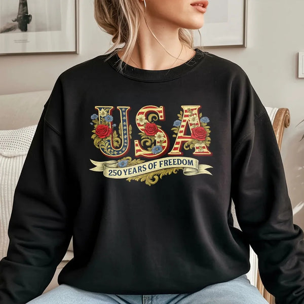 USA 250 Years Of Freedom Sweatshirt | Floral American Flag Typography | Cotton Blend Premium Crewneck | Patriotic July 4th Gift For Americans
