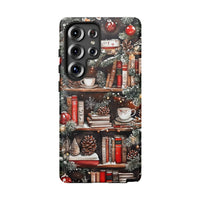 Comfy Winter Library Samsung Case, Christmas Bookshelf Phone Case, Holiday Book Lover Phone Cover, Bookish Pine Ornament Tough Case