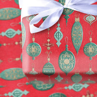 Red and Green Holiday Gift Wrap, Vintage Ornament Christmas Wrapping Paper, Retro Bauble Wrapping Paper, Elegant Festive Gift Wrap Roll