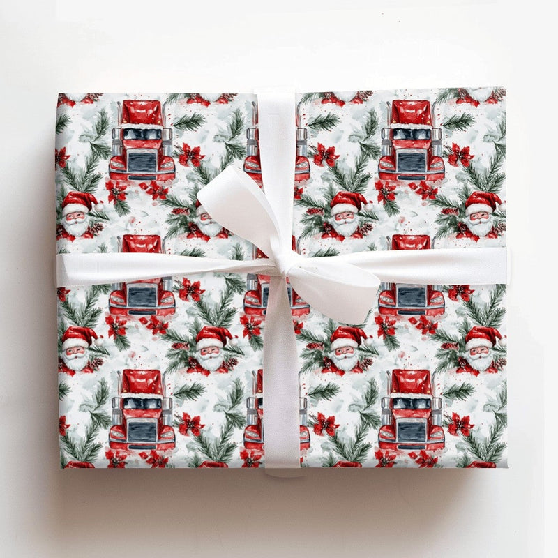 Santa Trucker Christmas Gift Wrap, Red Semi Truck Wrapping Paper, Big Rig Holiday Wrapping Paper, Truck Driver Festive Gift Wrap Roll
