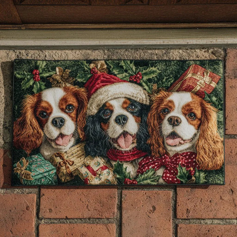 Holiday Dog Welcome Mat, Christmas King Charles Spaniel Doormat, Cavalier Spaniel Door Mat, Festive Pet Lover Entryway Floor Mat Decor Present