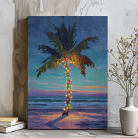 Coastal Beach Sunset Canvas, Tropical Christmas Palm Tree Canvas, Nautical Holiday Canvas Print, Festive Ocean Wall Art, Beach Lover Present