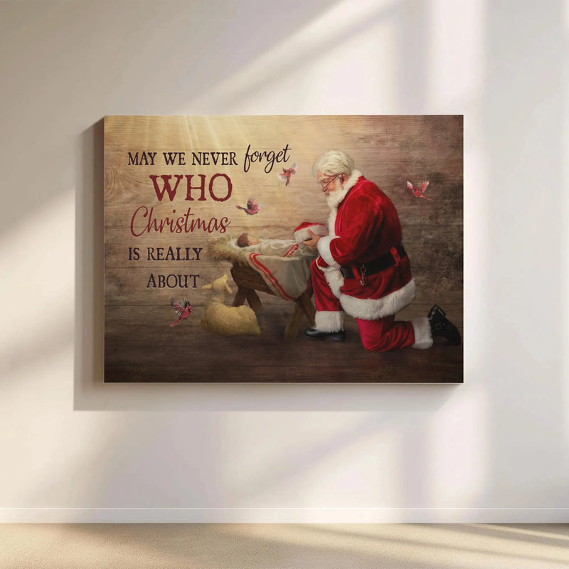 Religious Christmas Wall Art, Santa Kneeling Before Baby Jesus Canvas, Nativity Scene Canvas Print, Christian Holiday Canvas, Faith Present