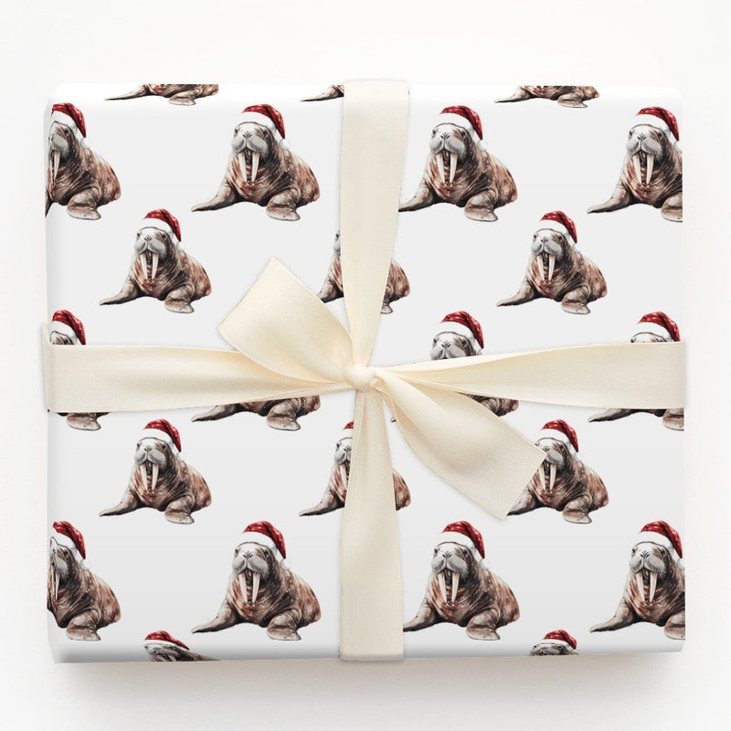 Santa Hat Animal Gift Wrap, Adorable Walrus Christmas Wrapping Paper, Watercolor Walrus Wrapping Paper Roll, Holiday Wrapping Paper