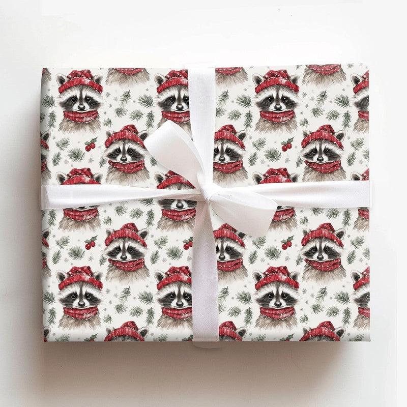 Adorable Woodland Animal Gift Wrap, Watercolor Raccoon Wrapping Paper, Winter Raccoon Holiday Paper, Christmas Present Wrapping Paper Roll