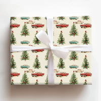 Retro 1950s Holiday Gift Wrap, Vintage Car Christmas Wrapping Paper, Classic Car Tree Wrapping Paper
