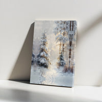 Snowy Pine Trees Landscape Painting Print, Winter Forest Canvas Wall Art, Rustic Woodland Wall Decor, Christmas Digital Download