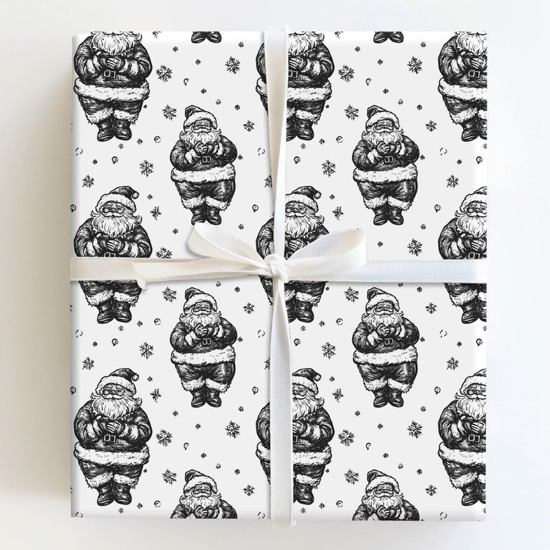 Black and White Christmas Gift Wrap Roll, Vintage Santa Wrapping Paper, Retro Santa Snowflake Present Paper, Holiday Sketch Gift Wrap Roll