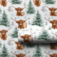 Snowy Pine Christmas Gift Wrap, Highland Cow Wrapping Paper, Scottish Cattle Winter Wrapping Paper, Rustic Farmhouse Holiday Gift Wrap