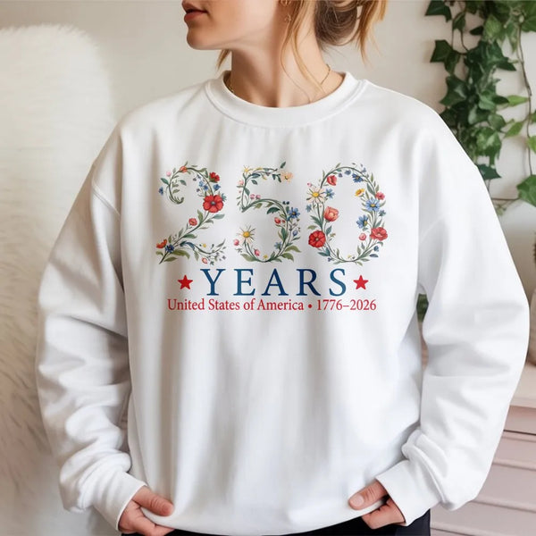 250 Years USA Sweatshirt | 1776-2026 Patriotic Floral Graphic | Premium Cotton Blend | Gift for July 4th American History Celebration