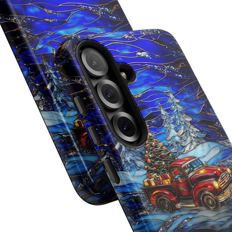 Stained Glass Winter Phone Case, Christmas Red Truck Samsung Galaxy Case, Vintage Pickup Tough Galaxy Case, Holiday Phone Cover