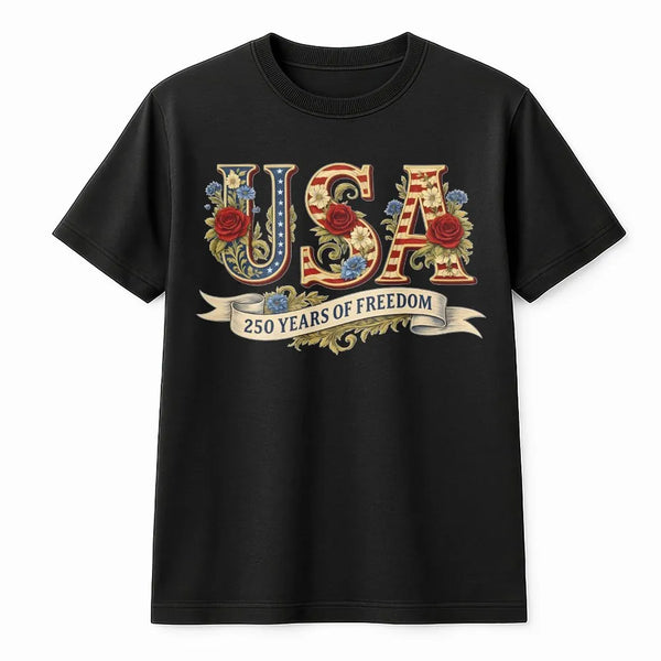 USA 250 Years of Freedom T-Shirt | Vintage Floral American Flag Design | Premium Cotton Tee | Patriotic Gift for Fourth of July 2026
