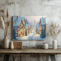 Winter Town Watercolor Illustration, Snowy Christmas Village Canvas Wall Art Printable, Comfy Holiday Home Decor, Digital Download