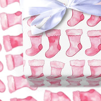 Adorable Holiday Gift Wrap, Pink Stocking Christmas Wrapping Paper, Watercolor Xmas Wrapping Paper, Baby's First Christmas Gift Wrapping Paper