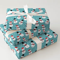 Adorable Holiday Gift Wrap, Teal Snowman Wrapping Paper, Cartoon Snowman Wrapping Paper, Festive Snowflake Gift Wrap, Christmas Wrapping Paper