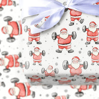 Humorous Gym Holiday Gift Wrap, Weightlifting Santa Christmas Wrapping Paper, Fitness Barbell Santa Paper, Bodybuilder Present Wrapping Paper