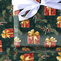 Candy Cane Holiday Gift Wrap, Watercolor Christmas Wrapping Paper, Dark Green Xmas Wrapping Paper, Holly Present Gift Wrap