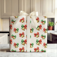 Jingle Bells Holiday Gift Wrap, Watercolor Christmas Bells Wrapping Paper, Festive Red Bow Wrapping Paper, Vintage Xmas Gift Wrapping Paper