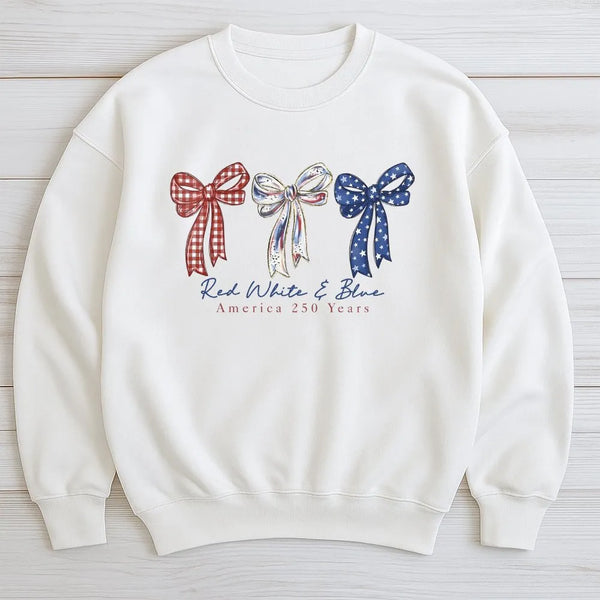 Red White Blue Bow Sweatshirt | America 250 Years Patriotic Design | Soft Cotton Polyester Blend | Gift for Americana Lovers