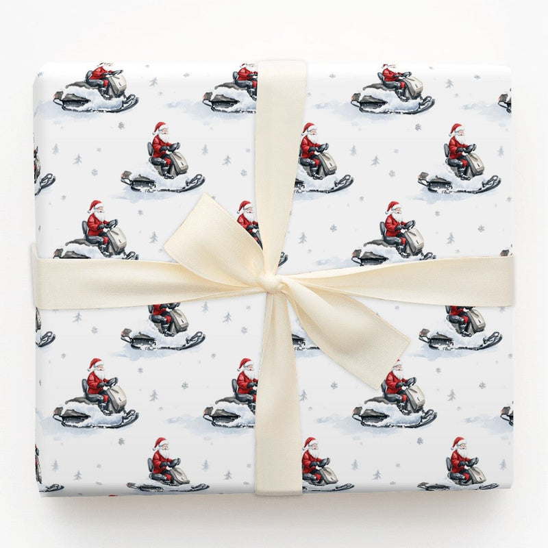 Snowflake Watercolor Gift Wrap, Snowmobile Santa Claus Wrapping Paper, Winter Sports Christmas Wrapping Paper, Holiday Present Paper