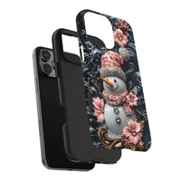 3D Winter Holiday Phone Case, Pink Jeweled Floral Snowman iPhone Case, Adorable Festive Tough Phone Cover, Christmas Phone Case Present for Her