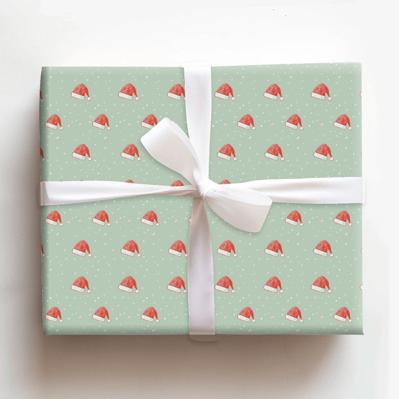 Sage Green Snow Gift Wrap, Santa Hat Christmas Wrapping Paper, Adorable Holiday Present Paper, Winter Santa Wrapping Paper, Xmas Gift Wrap Roll