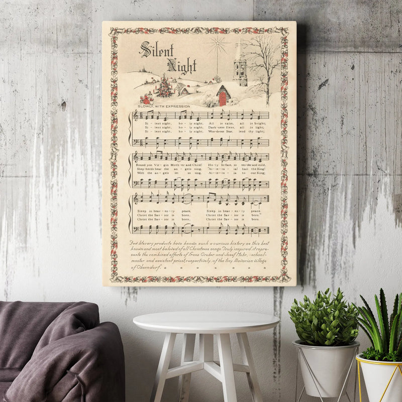 Vintage Sheet Music Canvas Print, Silent Night Christmas Carol Canvas Art, Religious Christmas Canvas Wall Decor, Holiday Music Present