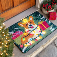 Festive Holiday Dog Welcome Mat, Christmas Corgi Doormat, Jolly Corgi Lights Entryway Mat, Adorable Winter Porch Rug, Dog Lover Christmas Present