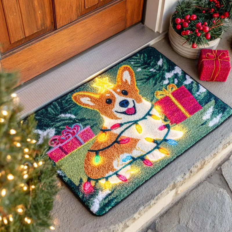 Festive Holiday Dog Welcome Mat, Christmas Corgi Doormat, Jolly Corgi Lights Entryway Mat, Adorable Winter Porch Rug, Dog Lover Christmas Present