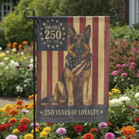 Patriotic German Shepherd Garden Flag | America 250 Years of Loyalty US Flag | Double-Sided Weather-Resistant Polyester | Vintage Military Dog Yard Decor Gift