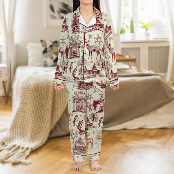 Deer Cabin Christmas Pajama Set, Winter Toile Satin Pajamas, Comfy Holiday Sleepwear, Rustic Forest Long Sleeve Pajama Set, X