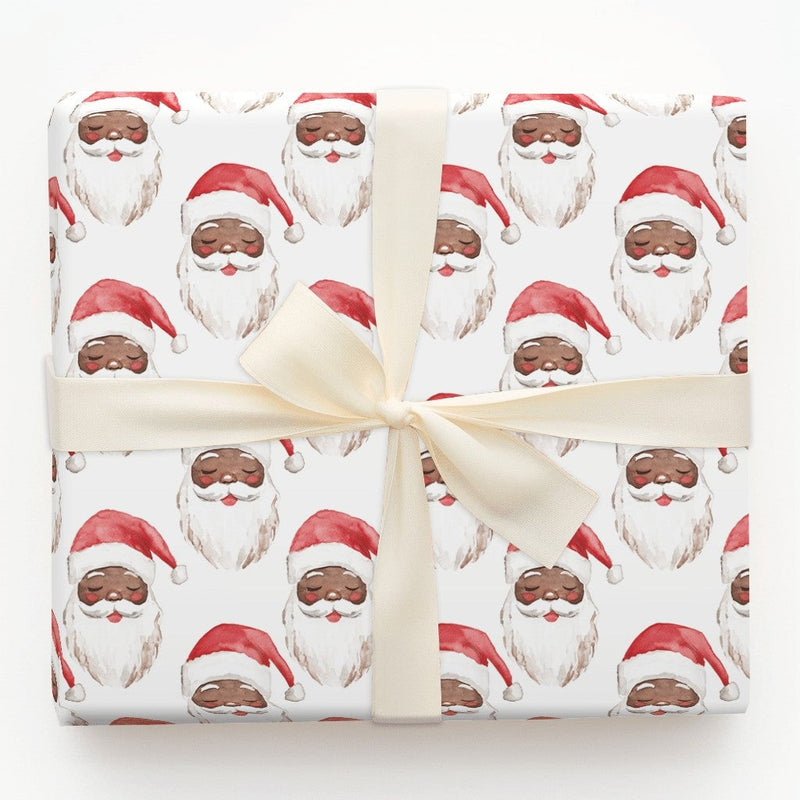 Inclusive Santa Face Gift Wrap, Watercolor Black Santa Wrapping Paper, Adorable Christmas Wrapping Paper, Festive Holiday Present Gift Wrap Roll